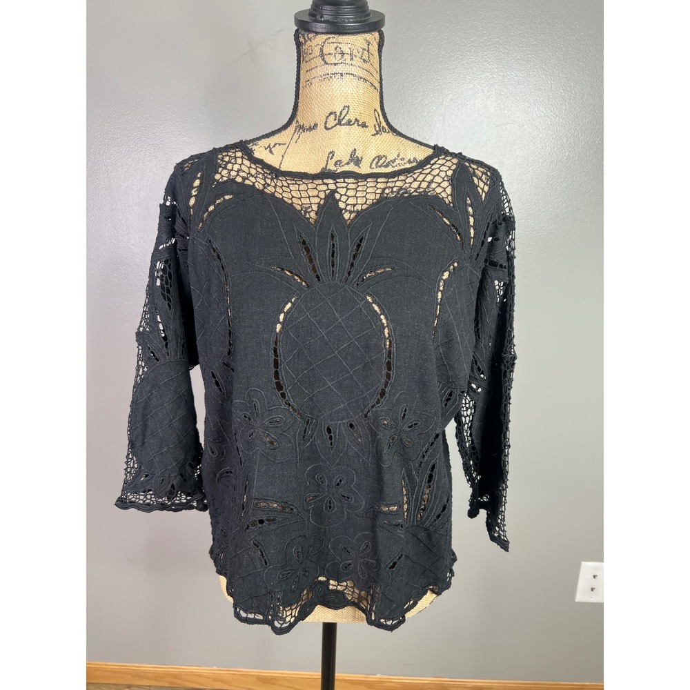 Black beaded sequins pineapple print linen blend top small ethereal‎ whimsical
